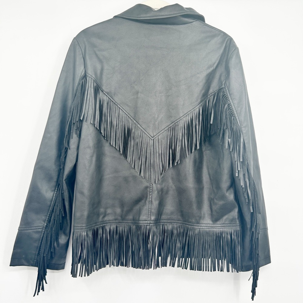 Topshop Womens Black Faux Leather Fringe Western Boho Moto Jacket Size 8 - Picture 10 of 10